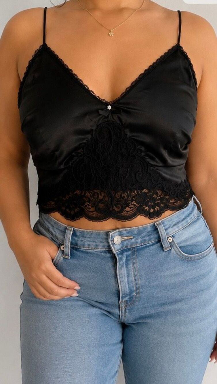 Vintage Faye Black Satin Lace Camisole Bustier Top Plus Size 2X Y2K USA